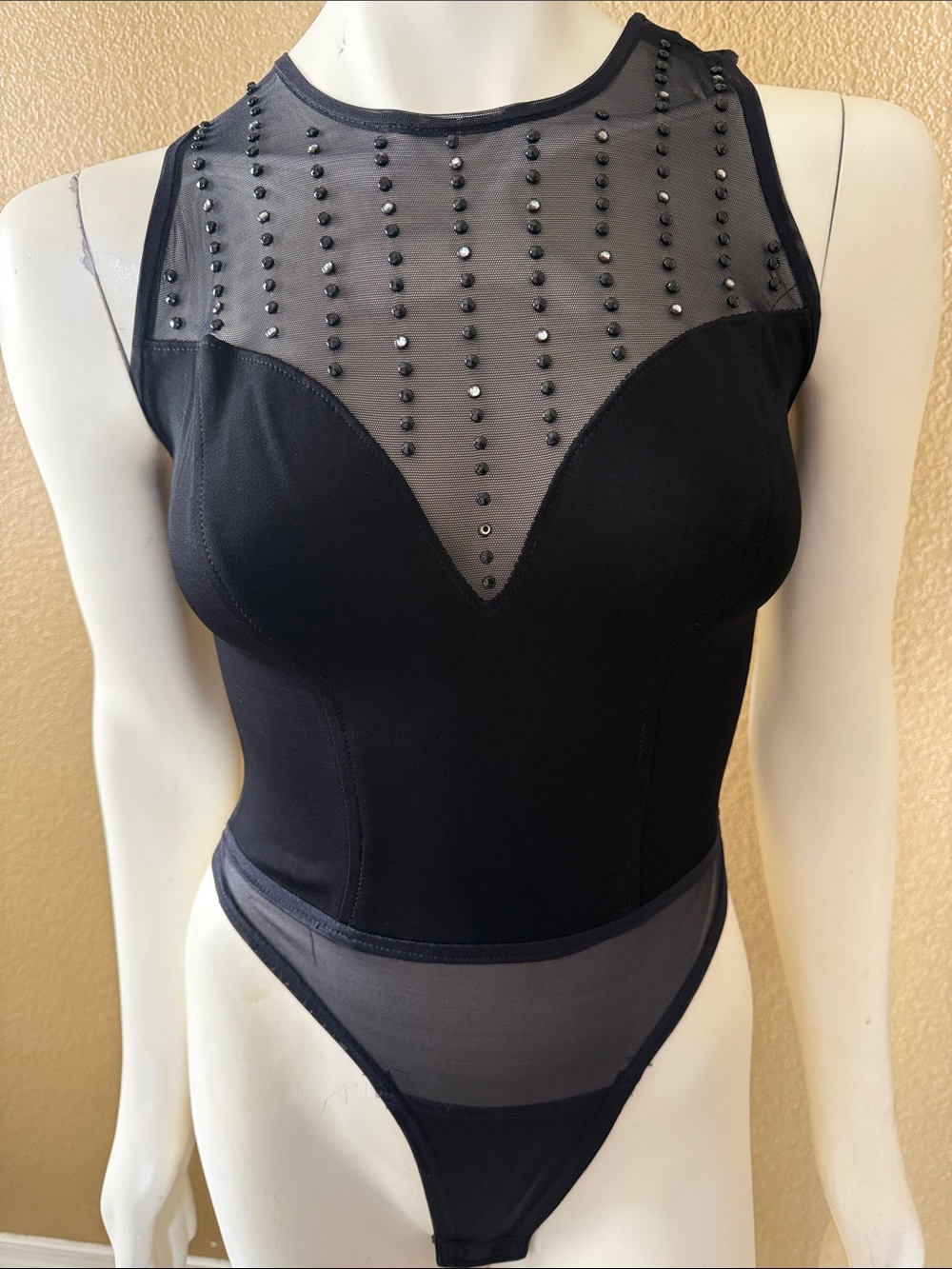 Elegant Black Mesh Rhinestone Bodysuit